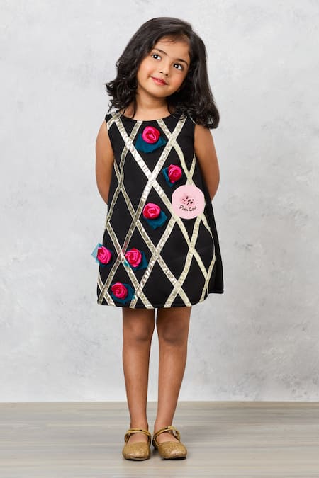 Shop_Pinkcow designs pvt ltd_Black Polyester Fabric Flowers Floral Applique Lace Work Dress _Online_at_Aza_Fashions