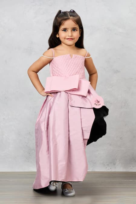 Pinkcow designs pvt ltd Pink Cotton, Taffeta Pearls Quilted Bow Gown Online at Aza Fashions Pinkcow designs pvt ltd_Pink Cotton, Taffeta Pearls Quilted Bow Gown _Online_at_Aza_Fashions