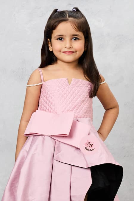 Buy Pinkcow designs pvt ltd Pink Cotton, Taffeta Pearls Quilted Bow Gown Online at Aza Fashions Buy_Pinkcow designs pvt ltd_Pink Cotton, Taffeta Pearls Quilted Bow Gown _Online_at_Aza_Fashions