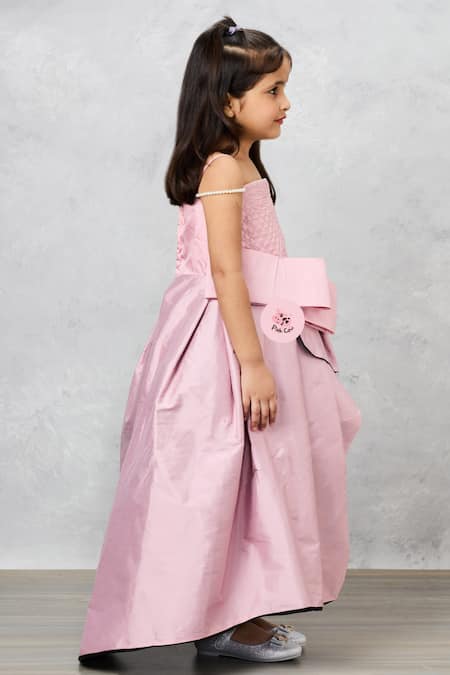 Pinkcow designs pvt ltd Pink Cotton, Taffeta Pearls Quilted Bow Gown at Aza Fashions Pinkcow designs pvt ltd_Pink Cotton, Taffeta Pearls Quilted Bow Gown _at_Aza_Fashions