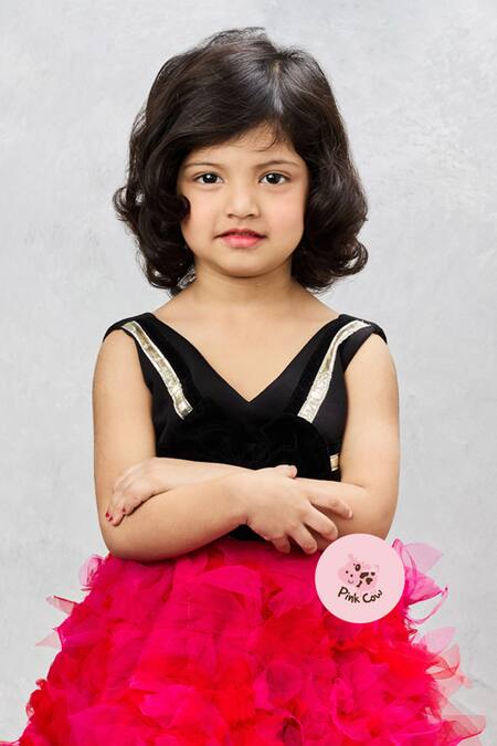 Shop Pinkcow designs pvt ltd Black Net, Crepe, Cotton Ruffled Bow Gown Online at Aza Fashions Shop_Pinkcow designs pvt ltd_Black Net, Crepe, Cotton Ruffled Bow Gown _Online_at_Aza_Fashions