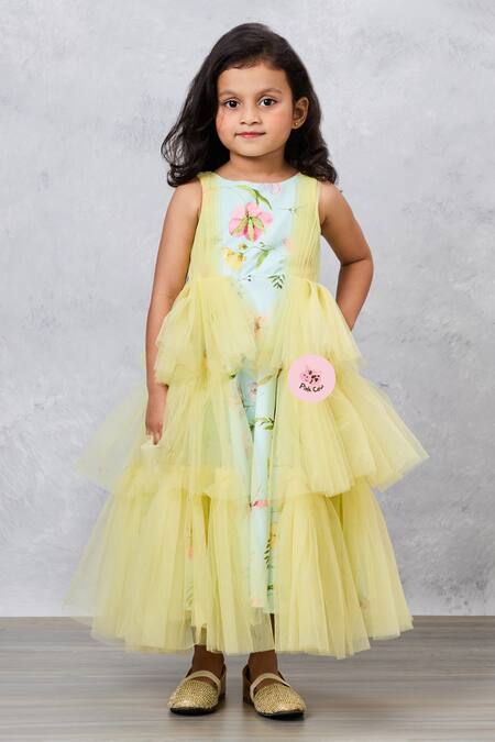 Pinkcow designs pvt ltd Green Net, Crepe, Cotton Fringe Floral Print Frilled Gown Online at Aza Fashions Pinkcow designs pvt ltd_Green Net, Crepe, Cotton Fringe Floral Print Frilled Gown _Online_at_Aza_Fashions