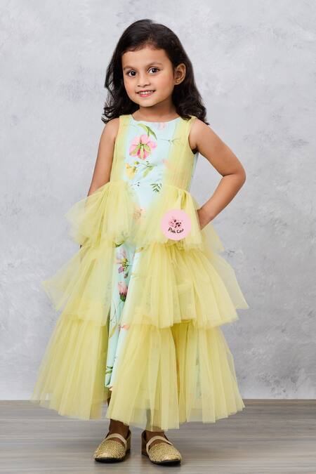 Buy Pinkcow designs pvt ltd Green Net, Crepe, Cotton Fringe Floral Print Frilled Gown Online at Aza Fashions Buy_Pinkcow designs pvt ltd_Green Net, Crepe, Cotton Fringe Floral Print Frilled Gown _Online_at_Aza_Fashions