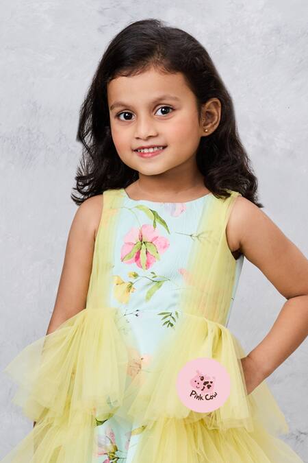 Shop Pinkcow designs pvt ltd Green Net, Crepe, Cotton Fringe Floral Print Frilled Gown Online at Aza Fashions Shop_Pinkcow designs pvt ltd_Green Net, Crepe, Cotton Fringe Floral Print Frilled Gown _Online_at_Aza_Fashions