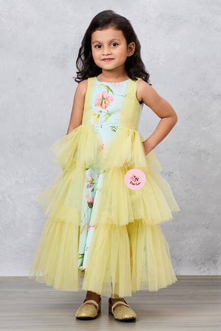 Pinkcow designs pvt ltd Green Net, Crepe, Cotton Fringe Floral Print Frilled Gown at Aza Fashions Pinkcow designs pvt ltd_Green Net, Crepe, Cotton Fringe Floral Print Frilled Gown _at_Aza_Fashions