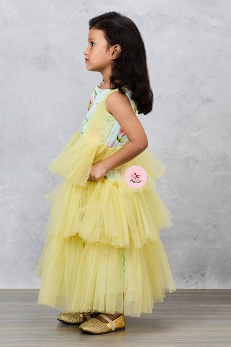 Buy Pinkcow designs pvt ltd Green Net, Crepe, Cotton Fringe Floral Print Frilled Gown Buy_Pinkcow designs pvt ltd_Green Net, Crepe, Cotton Fringe Floral Print Frilled Gown