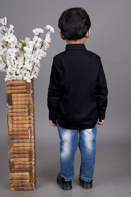 Shop Little Brats Black Cotton Embroidery Boss Baby Shirt at Aza Fashions Shop_Little Brats_Black Cotton Embroidery Boss Baby Shirt _at_Aza_Fashions