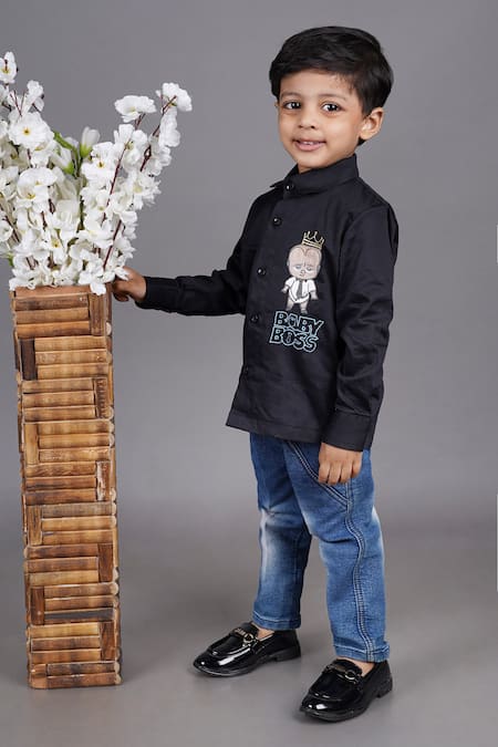 Little Brats Black Cotton Embroidery Boss Baby Shirt Online at Aza Fashions Little Brats_Black Cotton Embroidery Boss Baby Shirt _Online_at_Aza_Fashions
