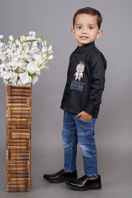 Shop Little Brats Black Cotton Embroidery Boss Baby Shirt Online at Aza Fashions Shop_Little Brats_Black Cotton Embroidery Boss Baby Shirt _Online_at_Aza_Fashions