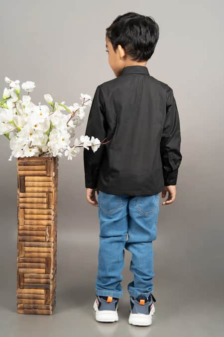 Shop Little Brats Black Cotton Embroidery Cheetah Kardana Shirt at Aza Fashions Shop_Little Brats_Black Cotton Embroidery Cheetah Kardana Shirt _at_Aza_Fashions