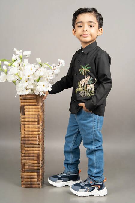 Little Brats Black Cotton Embroidery Cheetah Kardana Shirt Online at Aza Fashions Little Brats_Black Cotton Embroidery Cheetah Kardana Shirt _Online_at_Aza_Fashions