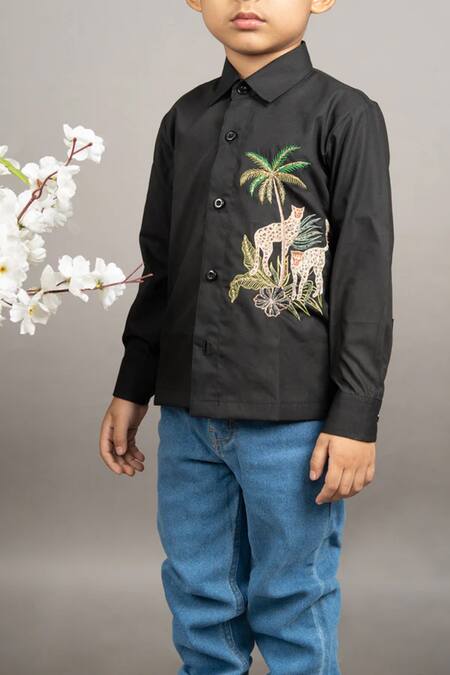 Shop Little Brats Black Cotton Embroidery Cheetah Kardana Shirt Online at Aza Fashions Shop_Little Brats_Black Cotton Embroidery Cheetah Kardana Shirt _Online_at_Aza_Fashions