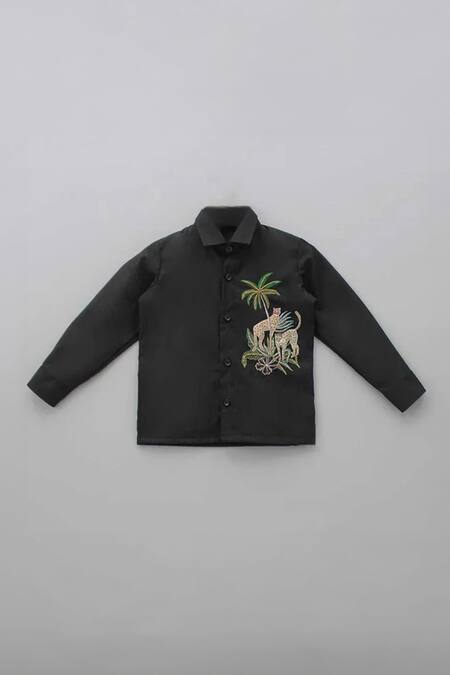 Little Brats Black Cotton Embroidery Cheetah Kardana Shirt at Aza Fashions Little Brats_Black Cotton Embroidery Cheetah Kardana Shirt _at_Aza_Fashions