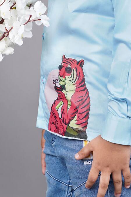 Little Brats Blue Cotton Applique Tiger Embroidered Shirt Online at Aza Fashions Little Brats_Blue Cotton Applique Tiger Embroidered Shirt _Online_at_Aza_Fashions