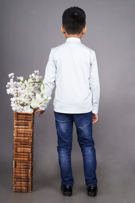 Shop Little Brats Sky Blue Cotton Embroidery Geometric Lion Shirt at Aza Fashions Shop_Little Brats_Sky Blue Cotton Embroidery Geometric Lion Shirt _at_Aza_Fashions