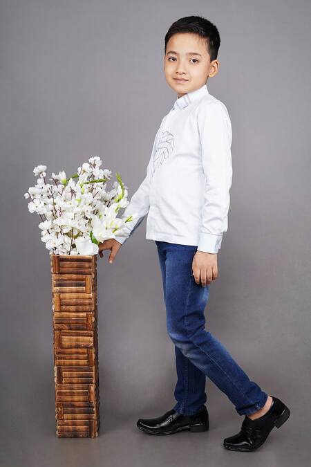 Little Brats Sky Blue Cotton Embroidery Geometric Lion Shirt Online at Aza Fashions Little Brats_Sky Blue Cotton Embroidery Geometric Lion Shirt _Online_at_Aza_Fashions