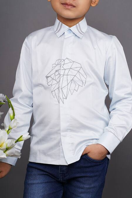 Buy Little Brats Sky Blue Cotton Embroidery Geometric Lion Shirt Online at Aza Fashions Buy_Little Brats_Sky Blue Cotton Embroidery Geometric Lion Shirt _Online_at_Aza_Fashions