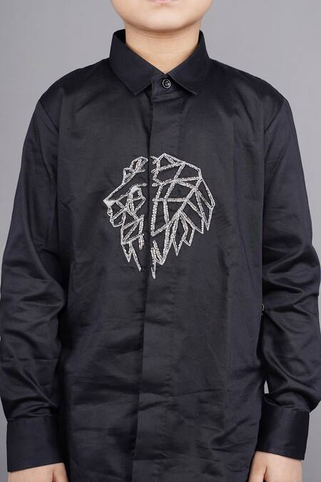 Little Brats Black Cotton Embroidery, Beads Geometric Lion Full Sleeve Shirt Online at Aza Fashions Little Brats_Black Cotton Embroidery, Beads Geometric Lion Full Sleeve Shirt _Online_at_Aza_Fashions