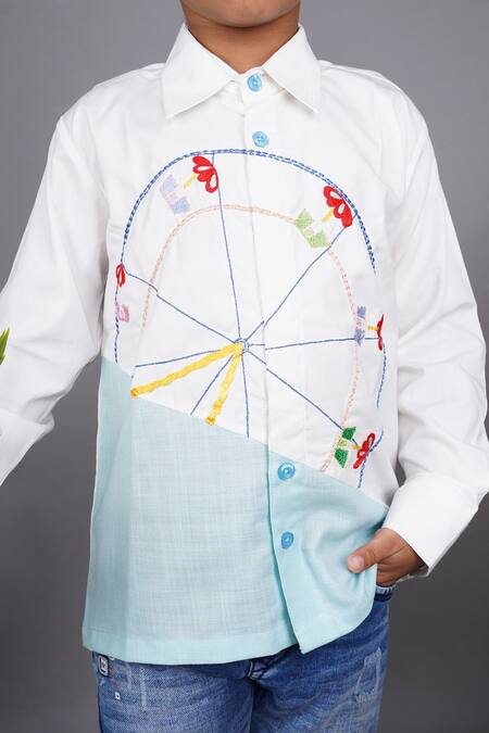 Buy Little Brats Off White Cotton Embroidery Giant Wheel Thread Shirt Online at Aza Fashions Buy_Little Brats_Off White Cotton Embroidery Giant Wheel Thread Shirt _Online_at_Aza_Fashions