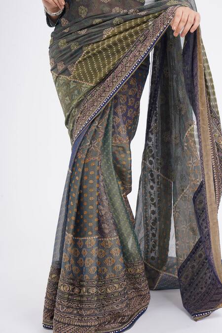 Buy Tarun Tahiliani Blue Georgette, Silk Embroidery V-neck Floral Saree With Blouse Online at Aza Fashions Buy_Tarun Tahiliani_Blue Georgette, Silk Embroidery V-neck Floral Saree With Blouse_Online_at_Aza_Fashions