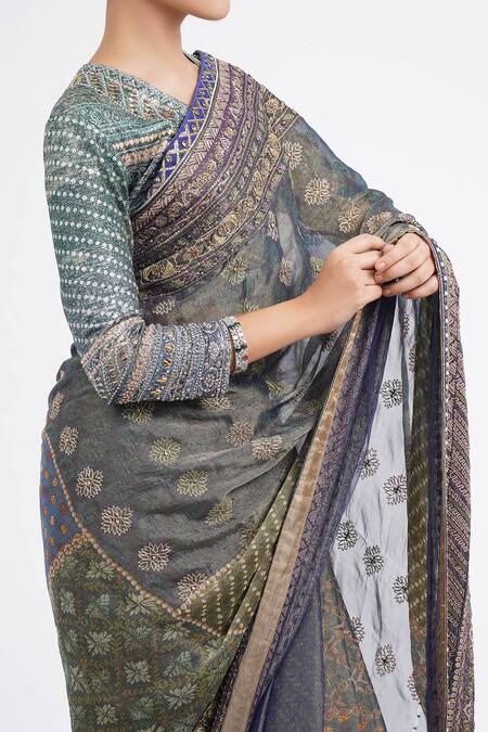 Shop Tarun Tahiliani Blue Georgette, Silk Embroidery V-neck Floral Saree With Blouse Online at Aza Fashions Shop_Tarun Tahiliani_Blue Georgette, Silk Embroidery V-neck Floral Saree With Blouse_Online_at_Aza_Fashions