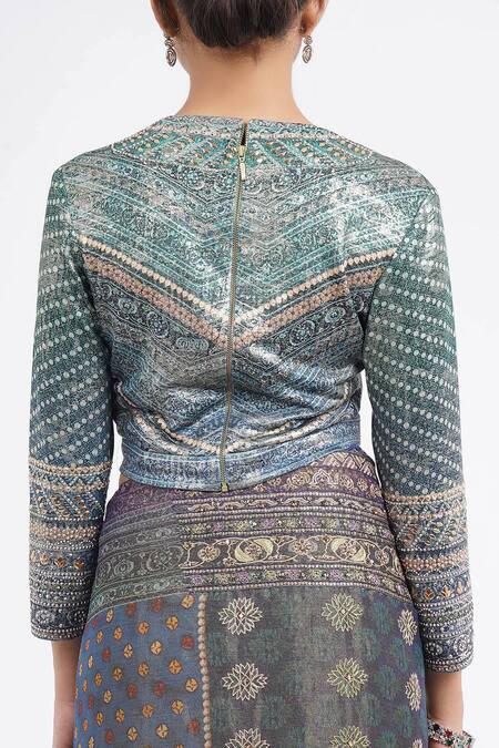 Shop Tarun Tahiliani Blue Georgette, Silk Embroidery V-neck Floral Saree With Blouse Shop_Tarun Tahiliani_Blue Georgette, Silk Embroidery V-neck Floral Saree With Blouse