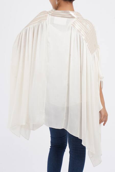 Amit Aggarwal White Embroidery V-neck Metallic Embellished Kaftan Top Online at Aza Fashions Amit Aggarwal_White Embroidery V-neck Metallic Embellished Kaftan Top _Online_at_Aza_Fashions