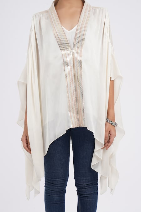 Buy Amit Aggarwal White Embroidery V-neck Metallic Embellished Kaftan Top Online at Aza Fashions Buy_Amit Aggarwal_White Embroidery V-neck Metallic Embellished Kaftan Top _Online_at_Aza_Fashions