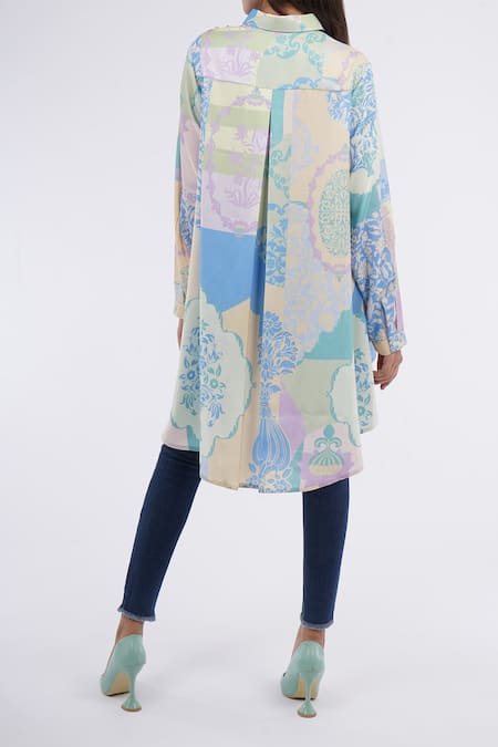 Shop Pankaj & Nidhi Multi Color Embroidery Collared Floral Jaal Print Asymmetric Shirt at Aza Fashions Shop_Pankaj & Nidhi_Multi Color Embroidery Collared Floral Jaal Print Asymmetric Shirt _at_Aza_Fashions