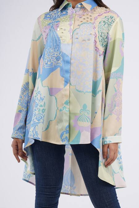 Pankaj & Nidhi Multi Color Embroidery Collared Floral Jaal Print Asymmetric Shirt Online at Aza Fashions Pankaj & Nidhi_Multi Color Embroidery Collared Floral Jaal Print Asymmetric Shirt _Online_at_Aza_Fashions