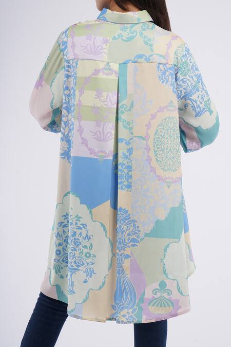 Shop Pankaj & Nidhi Multi Color Embroidery Collared Floral Jaal Print Asymmetric Shirt Online at Aza Fashions Shop_Pankaj & Nidhi_Multi Color Embroidery Collared Floral Jaal Print Asymmetric Shirt _Online_at_Aza_Fashions