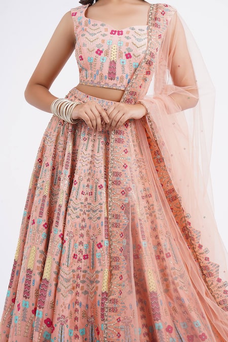 Shop Aisha Rao Peach Satin, Silk, Chiffon Sequins Sweetheart Neck Embroidered Lehenga Set Online at Aza Fashions Shop_Aisha Rao_Peach Satin, Silk, Chiffon Sequins Sweetheart Neck Embroidered Lehenga Set _Online_at_Aza_Fashions