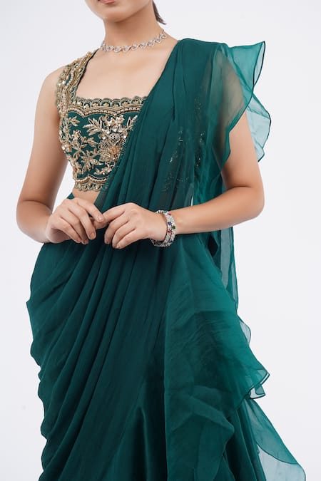 Buy_Ridhi Mehra_Emerald Green Organza, Chiffon Embroidery Pre-draped Frill Saree With Blouse _Online_at_Aza_Fashions