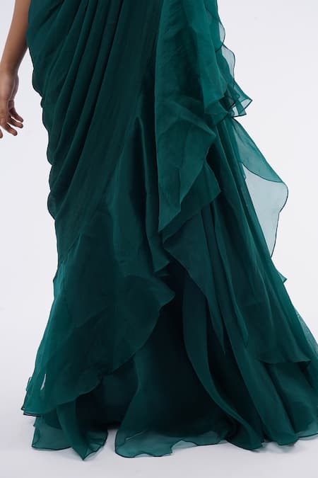 Shop_Ridhi Mehra_Emerald Green Organza, Chiffon Embroidery Pre-draped Frill Saree With Blouse _Online_at_Aza_Fashions
