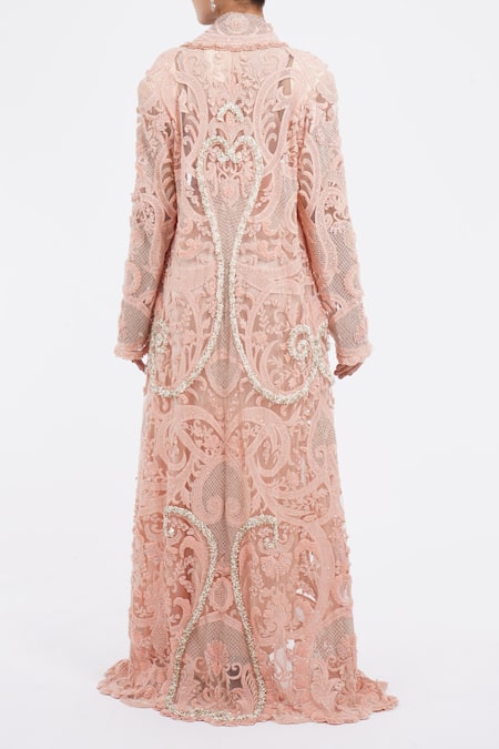 Shop_Anamika Khanna_Pink Lace, Silk Beads, Embroidery, Sequins Round Neck Jacket And Draped Skirt Set_at_Aza_Fashions