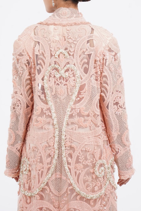 Anamika Khanna_Pink Lace, Silk Beads, Embroidery, Sequins Round Neck Jacket And Draped Skirt Set_Online_at_Aza_Fashions