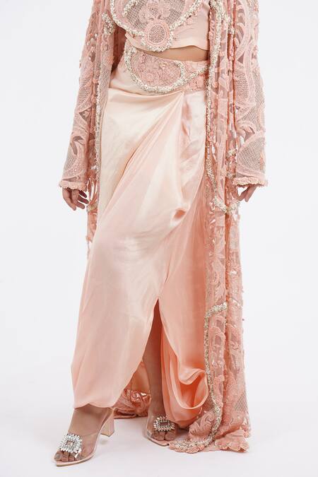 Shop_Anamika Khanna_Pink Lace, Silk Beads, Embroidery, Sequins Round Neck Jacket And Draped Skirt Set_Online_at_Aza_Fashions