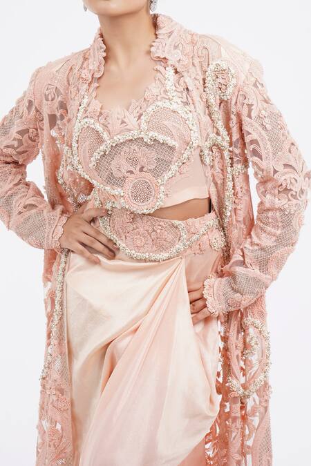 Anamika Khanna_Pink Lace, Silk Beads, Embroidery, Sequins Round Neck Jacket And Draped Skirt Set_at_Aza_Fashions