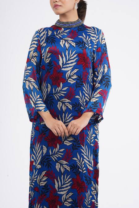 Shop_Namrata Joshipura_Blue Cotton Embroidery Bandeau Willow Tropical Print Kurta And Pant Co-ord Set _Online_at_Aza_Fashions