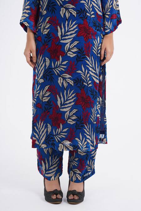 Namrata Joshipura_Blue Cotton Embroidery Bandeau Willow Tropical Print Kurta And Pant Co-ord Set _at_Aza_Fashions