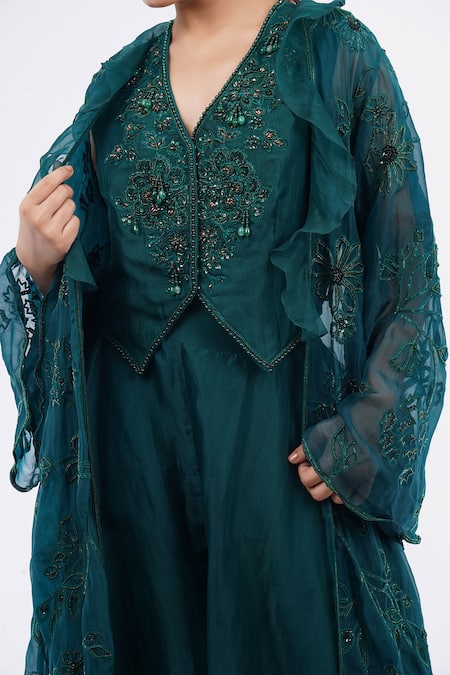 Ridhi Mehra_Emerald Green Chiffon Embroidery, Beads V-neck Floral Jacket Sharara Set _Online_at_Aza_Fashions