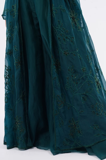 Buy_Ridhi Mehra_Emerald Green Chiffon Embroidery, Beads V-neck Floral Jacket Sharara Set _Online_at_Aza_Fashions