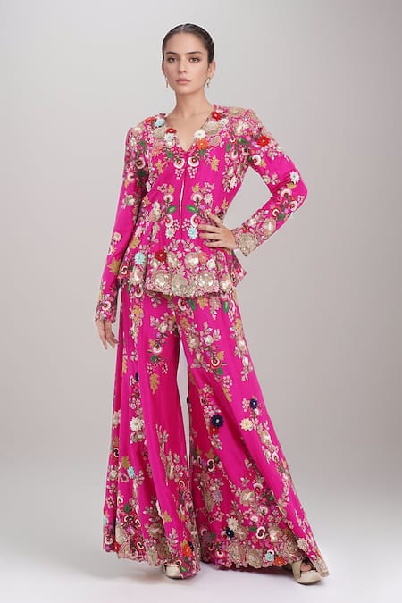 Anamika Khanna Fuchsia Embroidered Thread Work V Neck Godet Jacket Sharara Set 