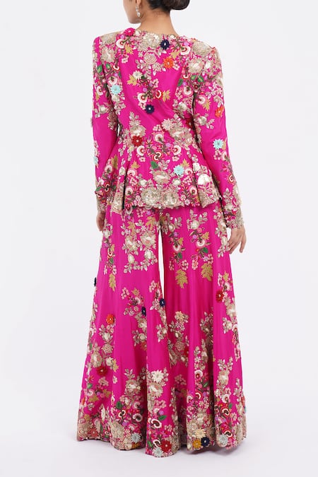 Shop_Anamika Khanna_Fuchsia Cotton Sequins, Zari, Embroidery V-neck Godet Jacket Sharara Set_at_Aza_Fashions