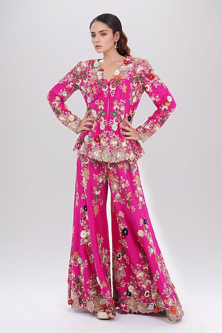 Anamika Khanna_Fuchsia Cotton Sequins, Zari, Embroidery V-neck Godet Jacket Sharara Set_Online_at_Aza_Fashions