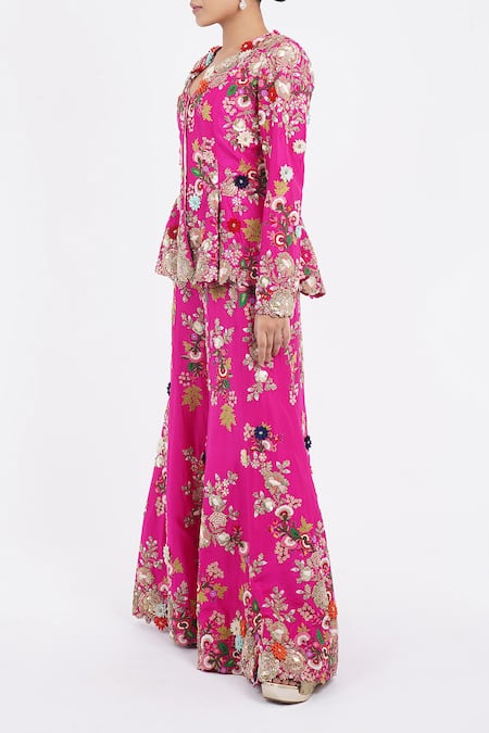 Buy_Anamika Khanna_Fuchsia Cotton Sequins, Zari, Embroidery V-neck Godet Jacket Sharara Set_Online_at_Aza_Fashions