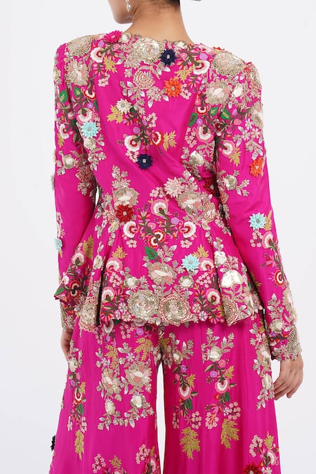 Shop_Anamika Khanna_Fuchsia Cotton Sequins, Zari, Embroidery V-neck Godet Jacket Sharara Set_Online_at_Aza_Fashions