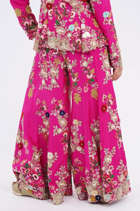 Anamika Khanna_Fuchsia Cotton Sequins, Zari, Embroidery V-neck Godet Jacket Sharara Set_at_Aza_Fashions