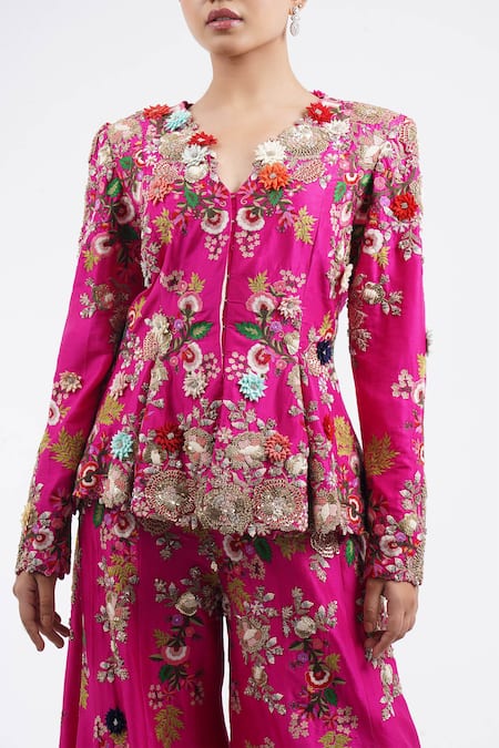 Buy_Anamika Khanna_Fuchsia Cotton Sequins, Zari, Embroidery V-neck Godet Jacket Sharara Set