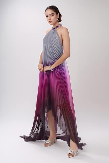 Buy_Amit Aggarwal_Purple Satin Embroidery Bandeau Neck Pleated Ombre Handkerchief Dress _Online_at_Aza_Fashions